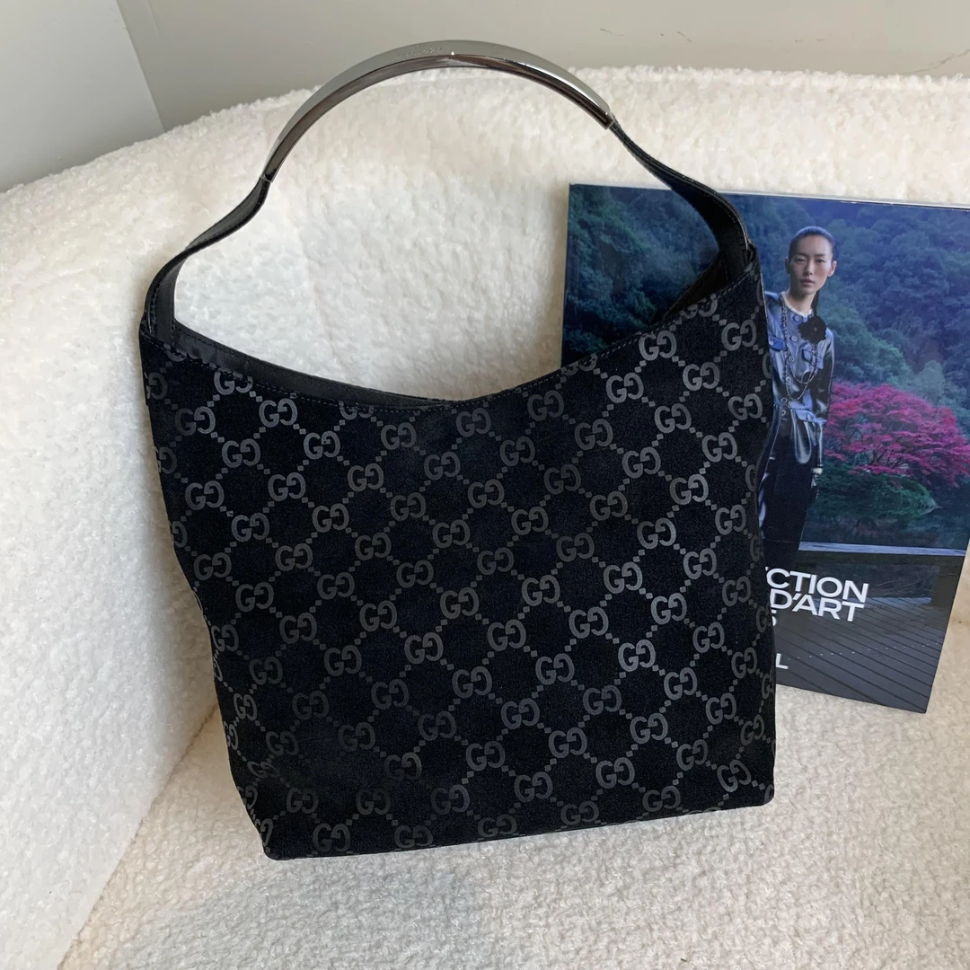 95新 GUCCI/古驰 壹臻/中古黑色麂皮银杆老花hobo/70211985