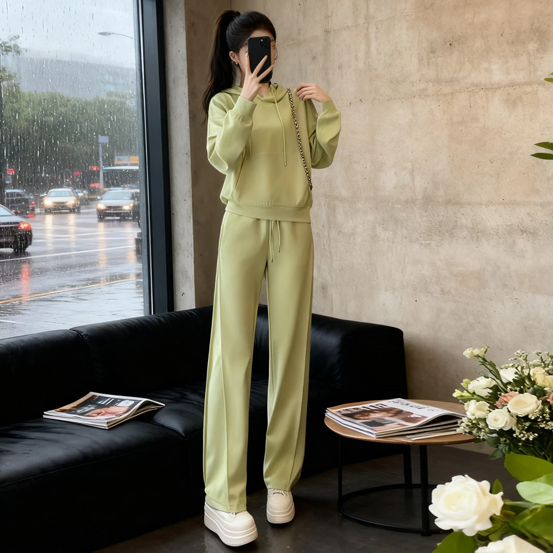 休闲运动套装女秋季新款减龄显瘦纯色连帽卫衣高腰阔腿卫裤两件套