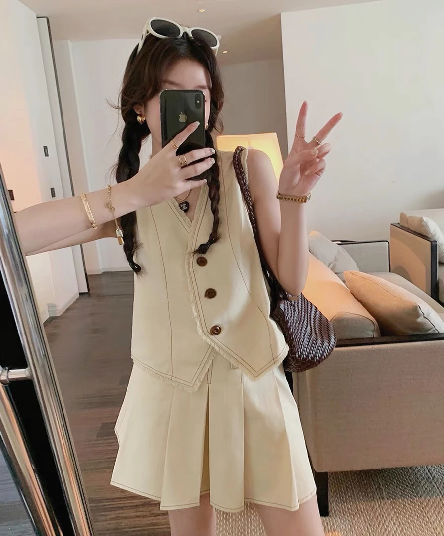 流苏牛仔马甲背心百褶裙套装显瘦小个子减龄时尚气质韩版A1017