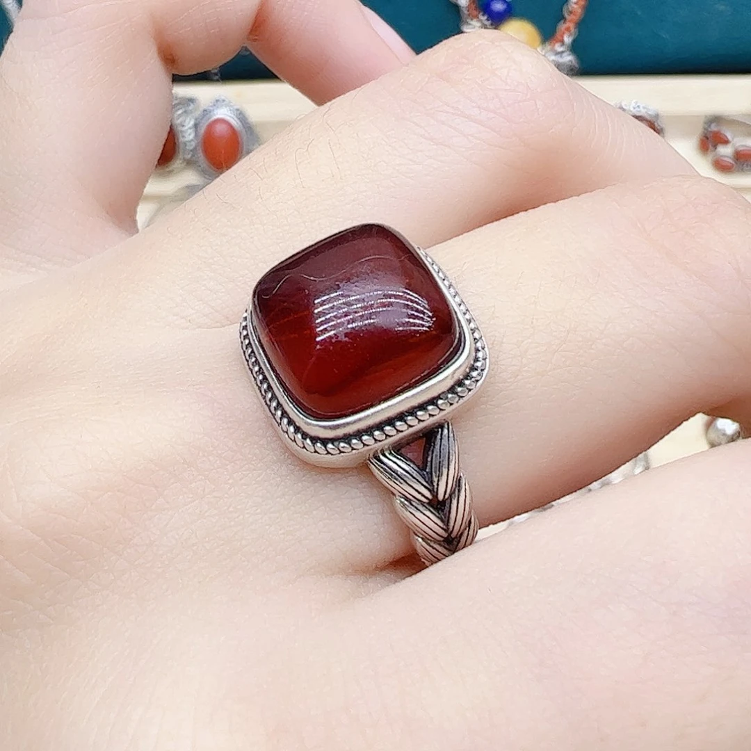 血珀戒指银S925镶嵌天然