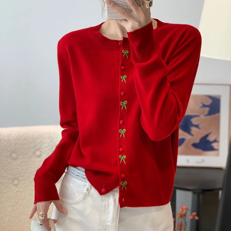 【香嘉怡新品】XJYE6922女士上衣100绵羊毛圆领开衫秋冬针织衫