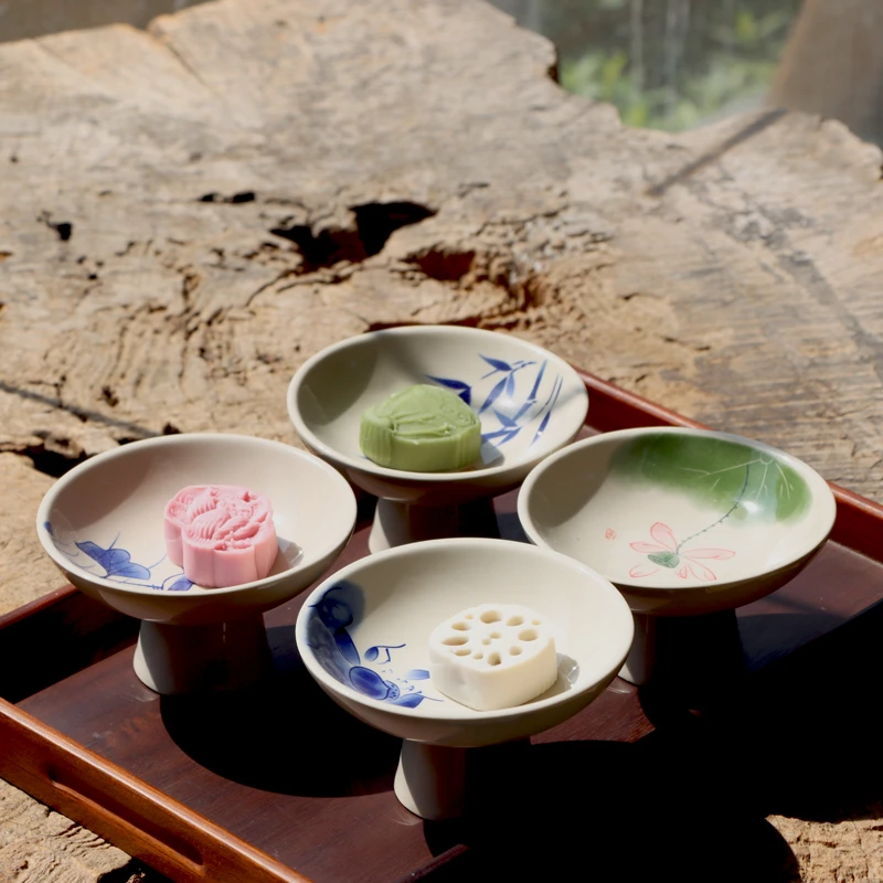 中式精致手绘陶瓷高脚果盘家用点心盘陶瓷茶点盘零食碗干果盘日式