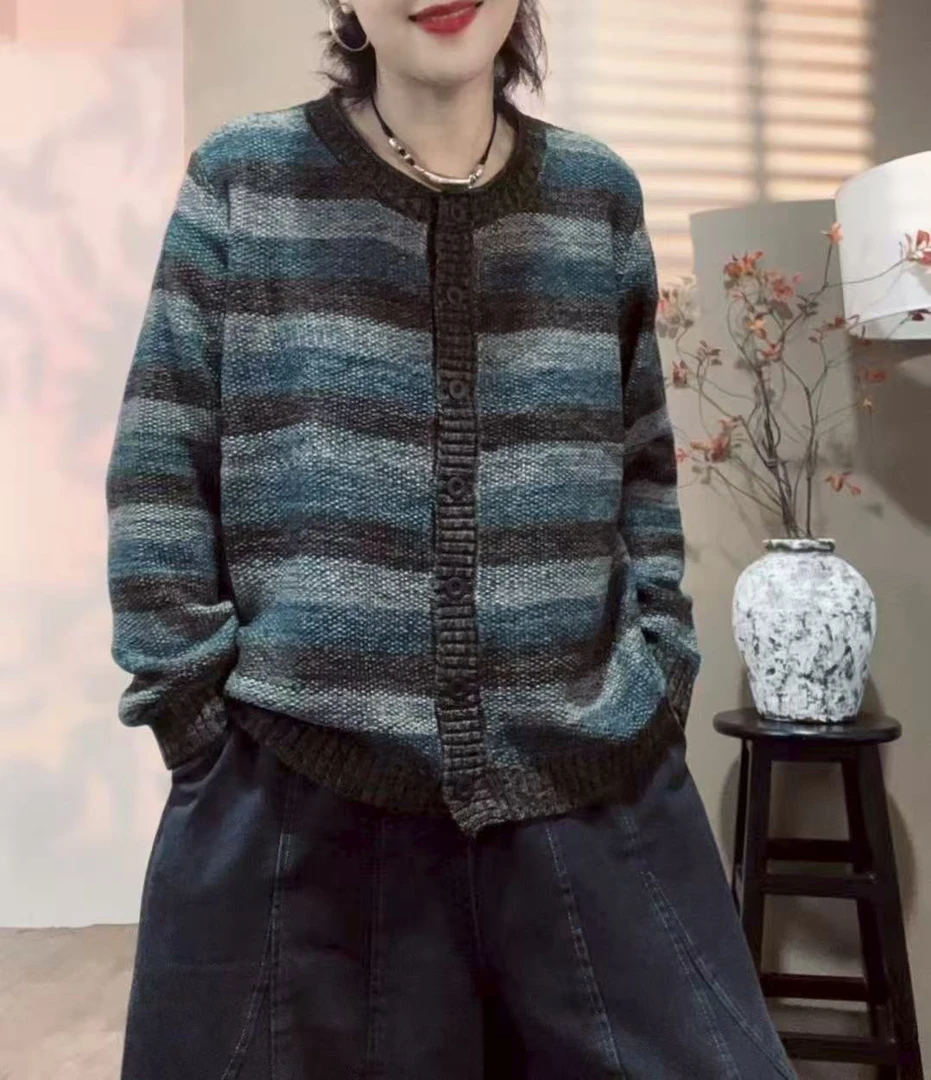DD-复古文艺秋冬新款百搭条纹针织开衫