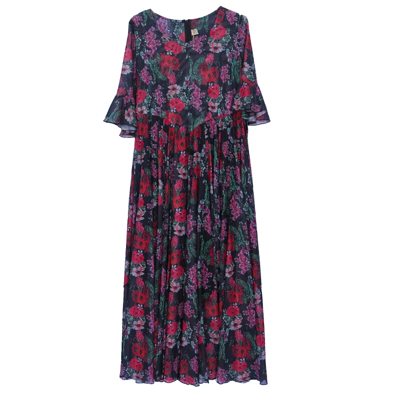 新疆舞蹈服新款夏季网纱印花日常减龄百搭荷叶边短袖连衣裙