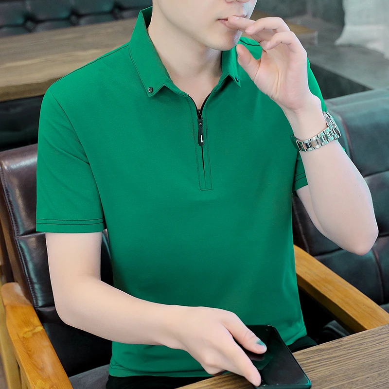 绿色短袖t恤男带领夏装休闲纯色拉链polo衫简约百搭休闲夏装半袖