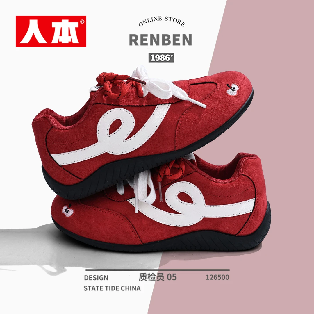 人本原创新款秋季复古赛车鞋运动内增高反绒皮休闲德训鞋学生女款