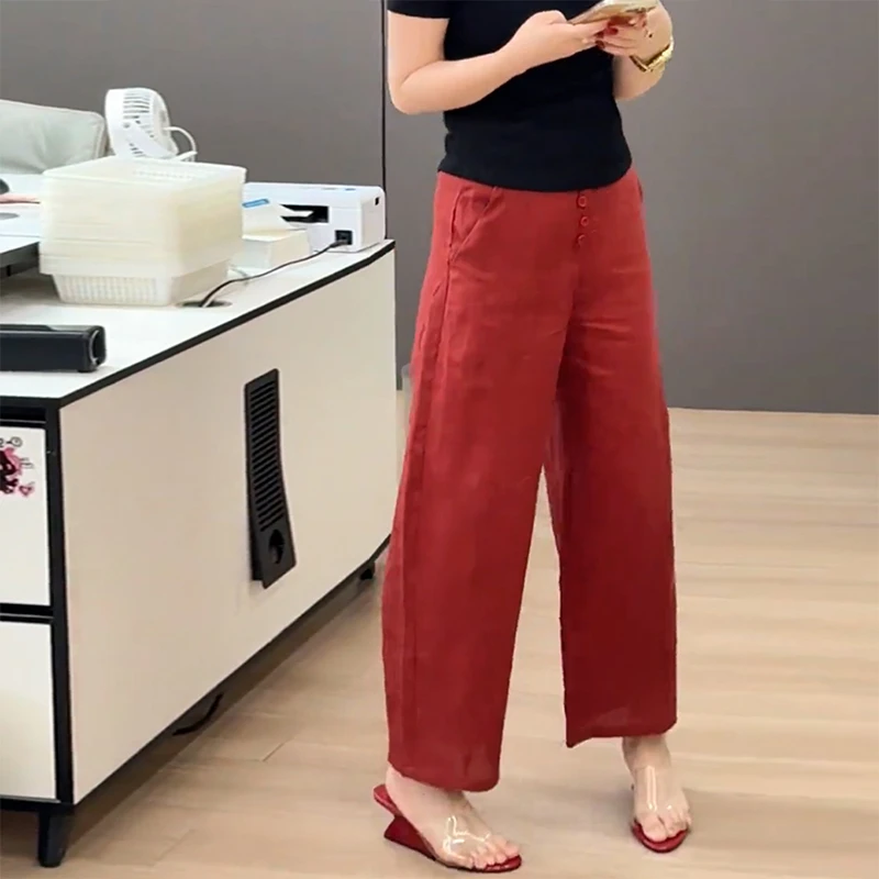 红色亚麻裤子女2025夏季新款老钱风薄款休闲裤高腰显瘦宽松阔腿裤
