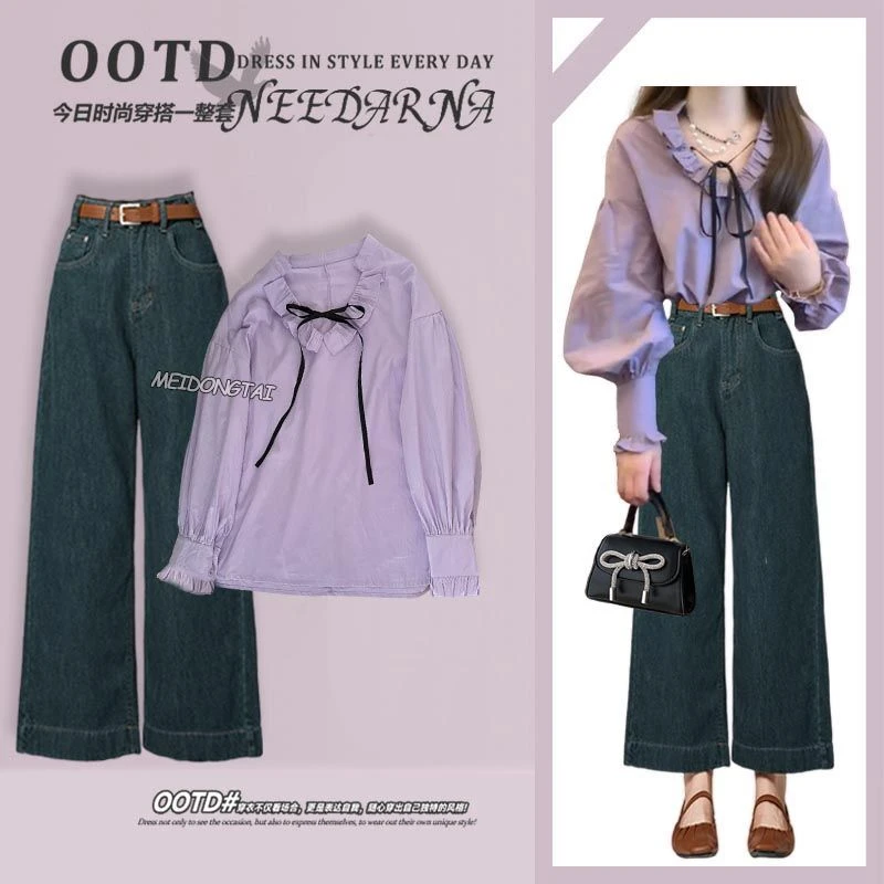 春季温柔系穿搭女2025新款韩版泡泡袖上衣通勤直筒牛仔裤两件套装