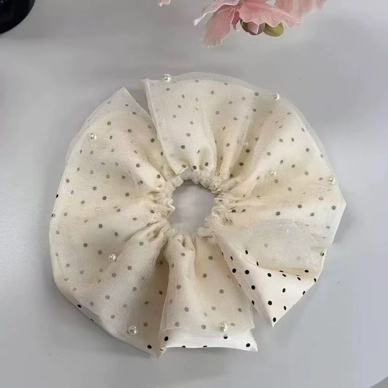 分段式波点网纱珠珠发圈女高级感半扎发绳甜美绑头发头花头绳