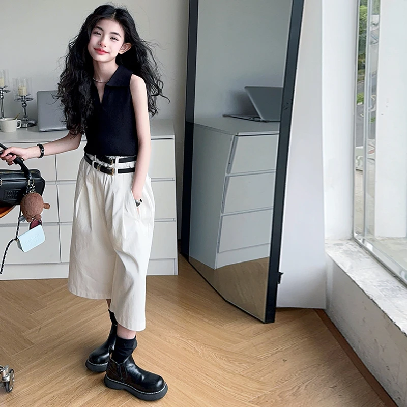 女童夏款酷飒风辣妹背心短裤套装2025新款大童时髦炸街阔腿七分裤