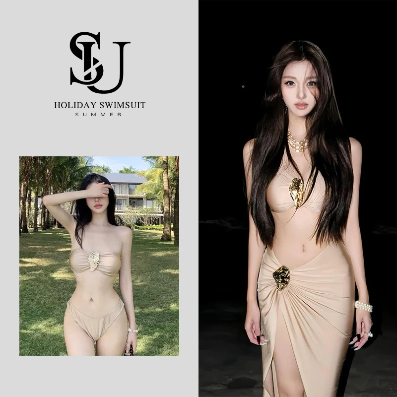 【流光】性感纯欲抹胸欧美比基尼三件套高开叉长裙沙滩显瘦度假泳装