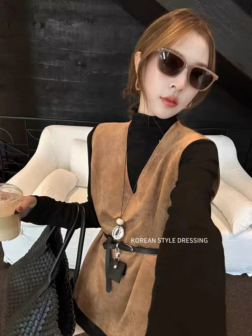 【三件套】A84+A85秋款气质美拉德色系打底衫+马甲+腰带时尚套装