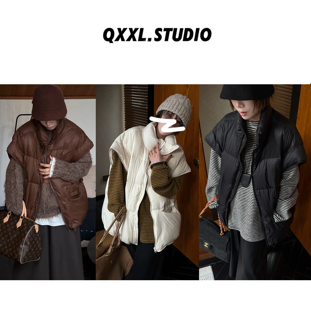 邱小小丽呀 秋冬新款90白鸭绒立领羽绒马甲百搭纯色加厚保暖外套