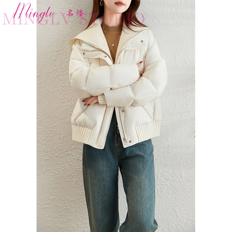 针织拼接翻领羽绒服女短款2025冬季新款时尚设计感保暖高品质外套