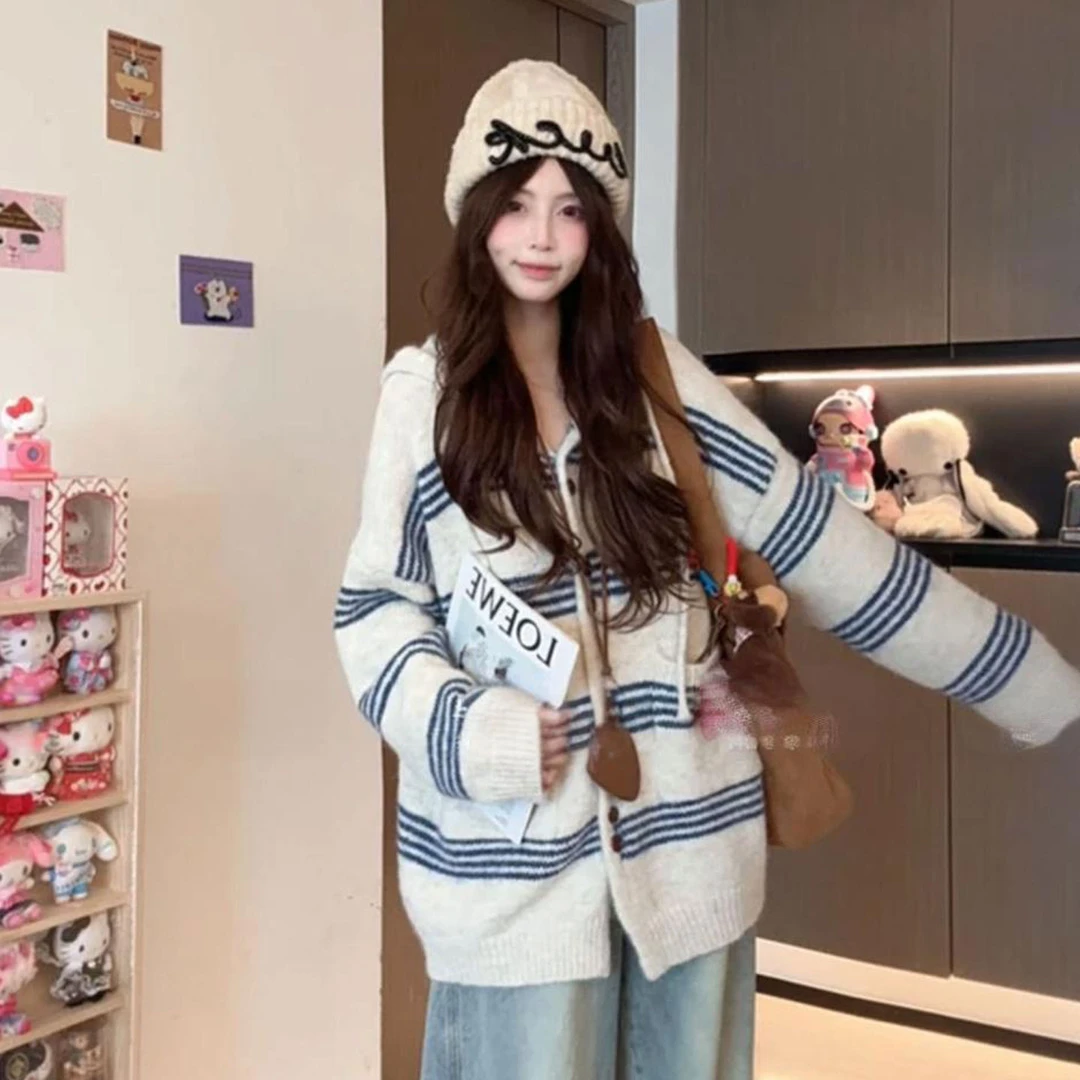 2025新款韩系撞色条纹连帽毛衣外套女秋冬慵懒软糯中长款针织开衫