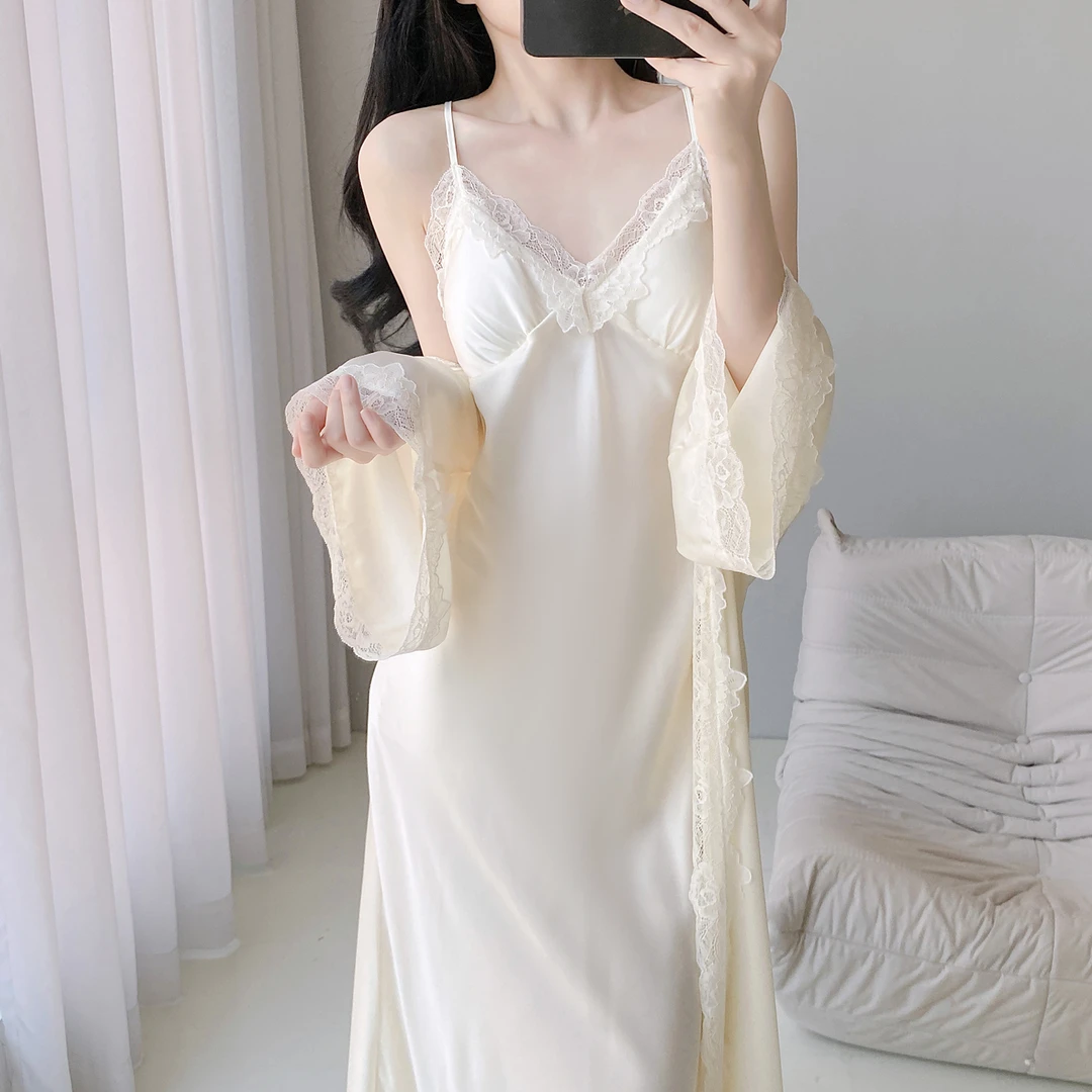 2025爆款睡衣女春秋冰丝法式吊带睡裙长款带胸垫夏性感家居服套装