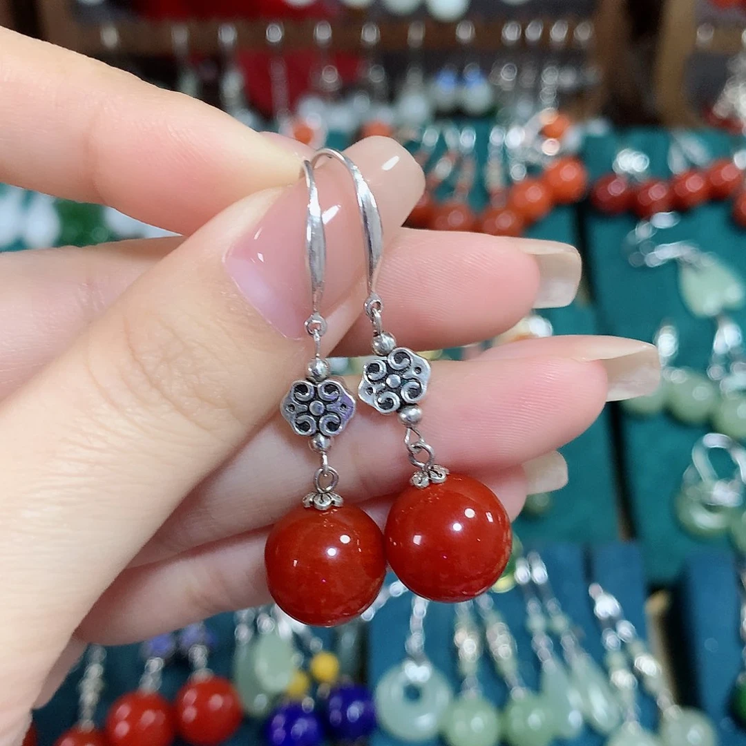 玛瑙/玉髓耳饰银S925镶嵌天然红玛瑙12mm左右（锦红）