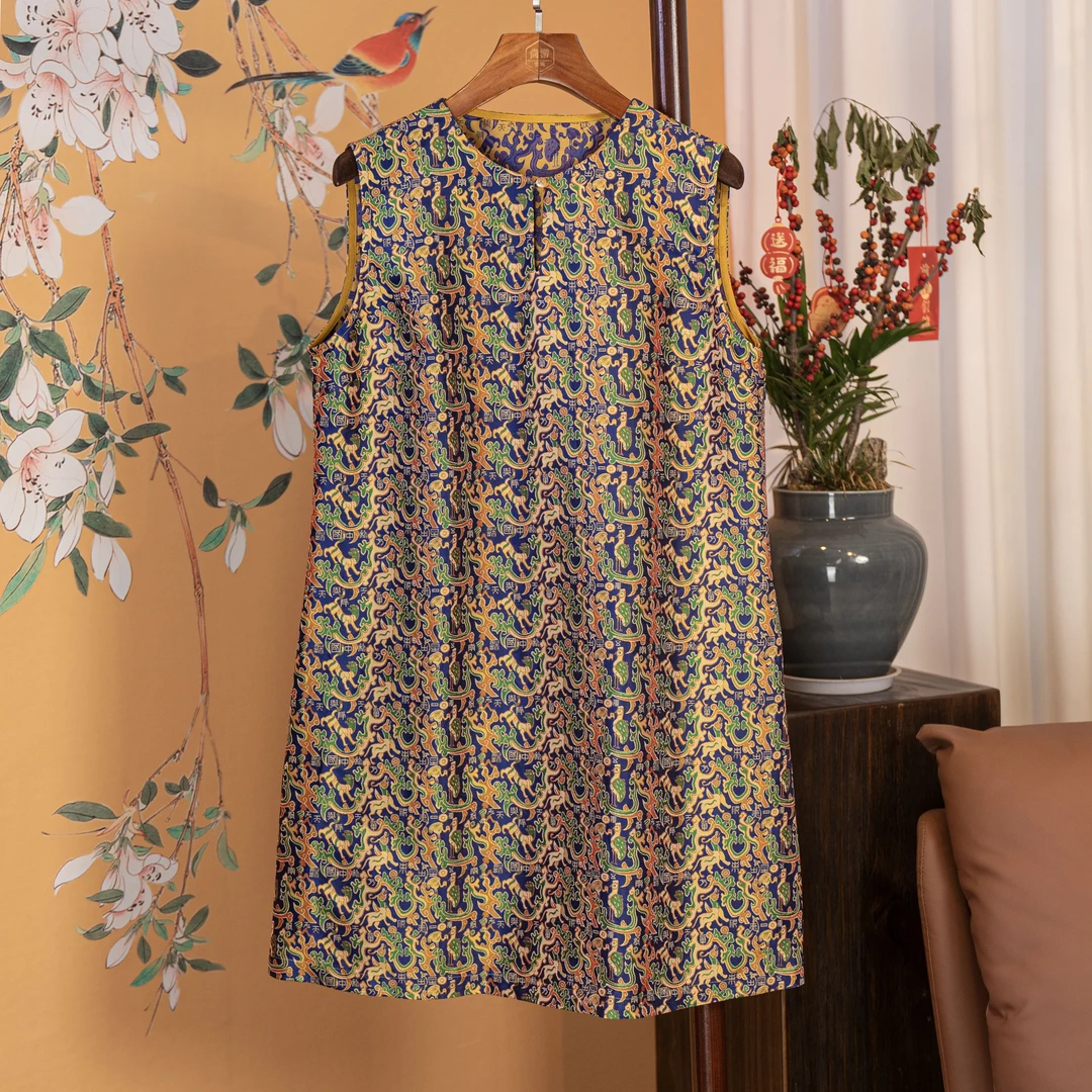 【五星出东方】国潮新中式重磅桑蚕丝蜀锦时尚百搭马甲裙6512756