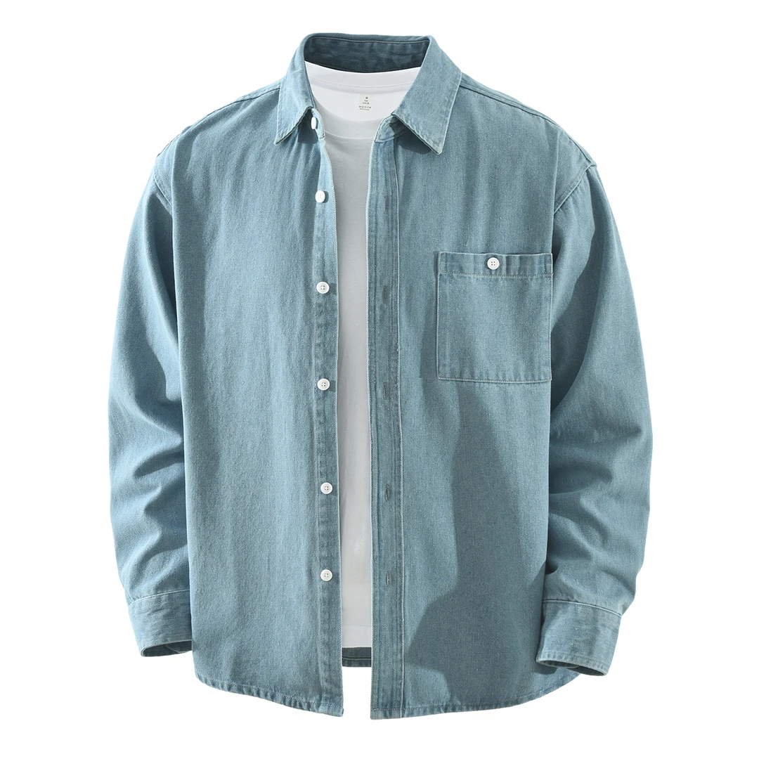 日系复古牛仔长袖衬衫男士时尚百搭文艺休闲宽松上衣男装衬衣简约