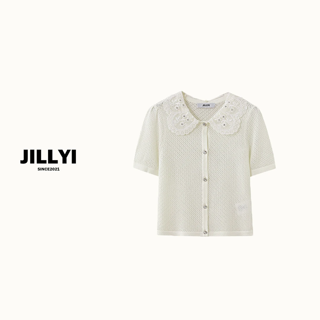 JILLYYI南山店【奶油少女】奶油白翻领针织短袖蕾丝小香风白色