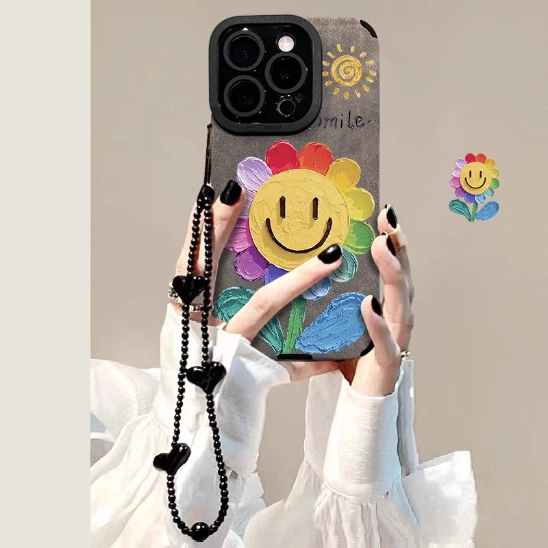 适用苹果16promax手机壳油画太阳花iPhone15挂绳14promax翻毛皮13