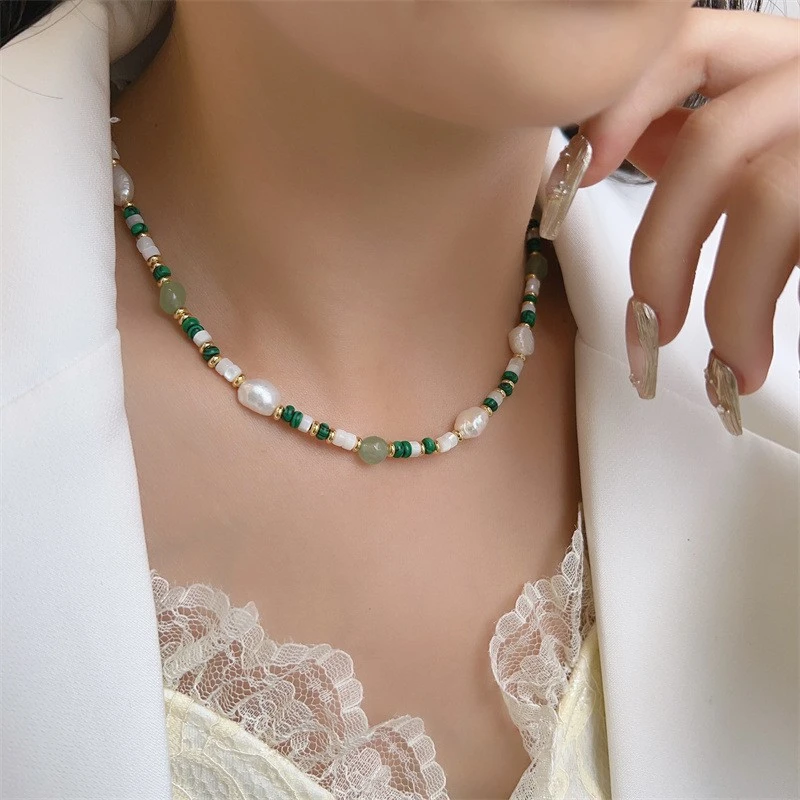 铜合金项链 大自然原创手作绿色串珠高级感手工串珠锁骨链