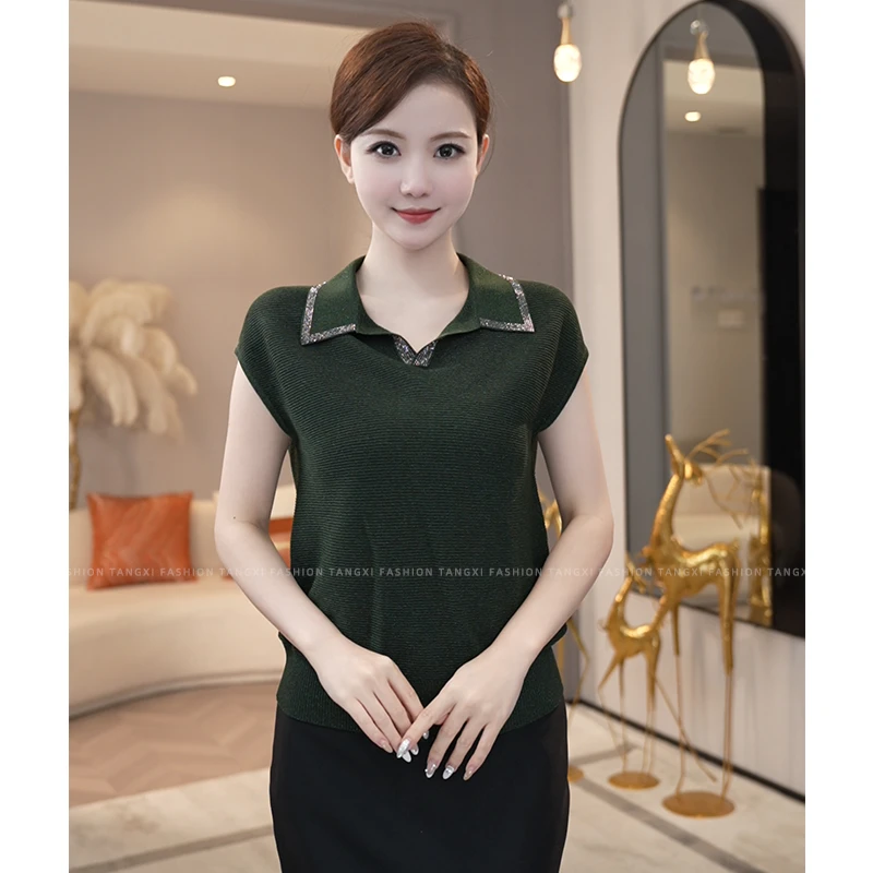 2025夏新款【LT-1139】薄款凉快天丝烫钻设计感绿色短袖针织小衫女