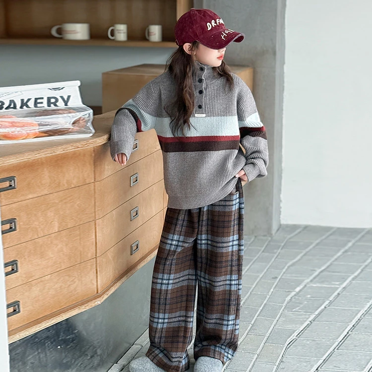 6-8-9-10-12-15岁女童冬装套装儿童毛衣格子裤两件套洋气休闲加厚