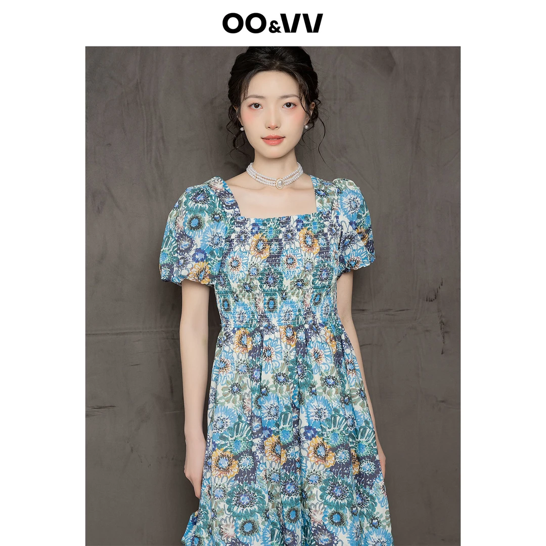 OO&VV纯棉印染大花法式复古方领连衣裙女2025夏季新款轻熟风长裙