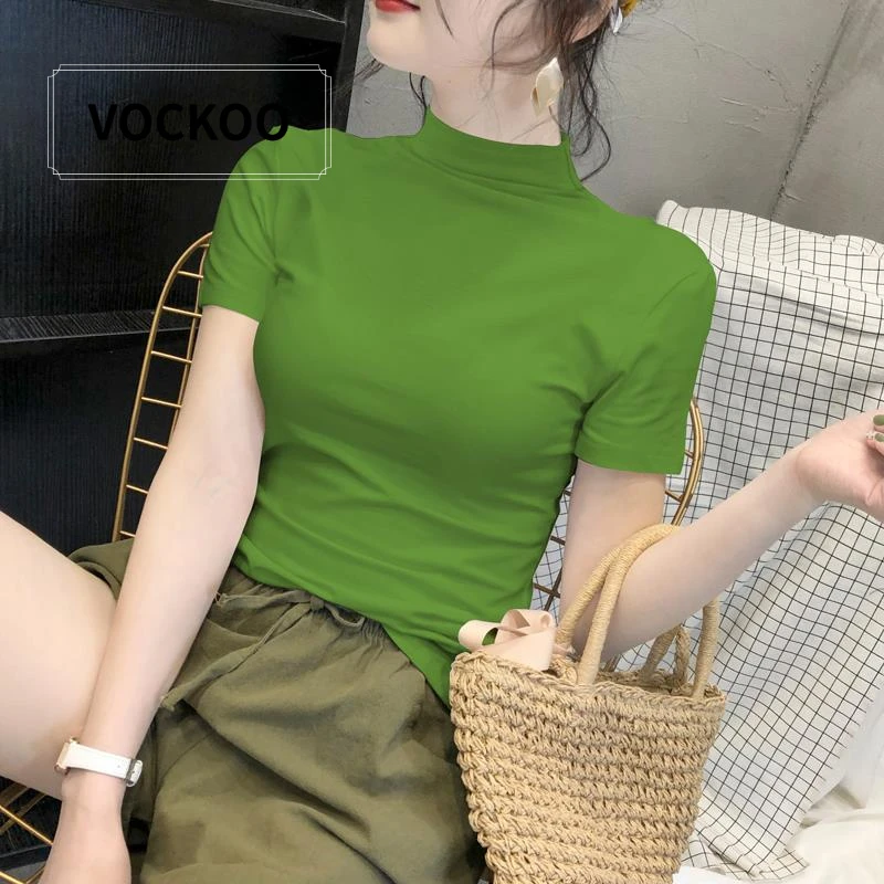 VOCKOO果绿色短袖T恤女2025夏季新款棉质紧身半高领体恤气质显瘦