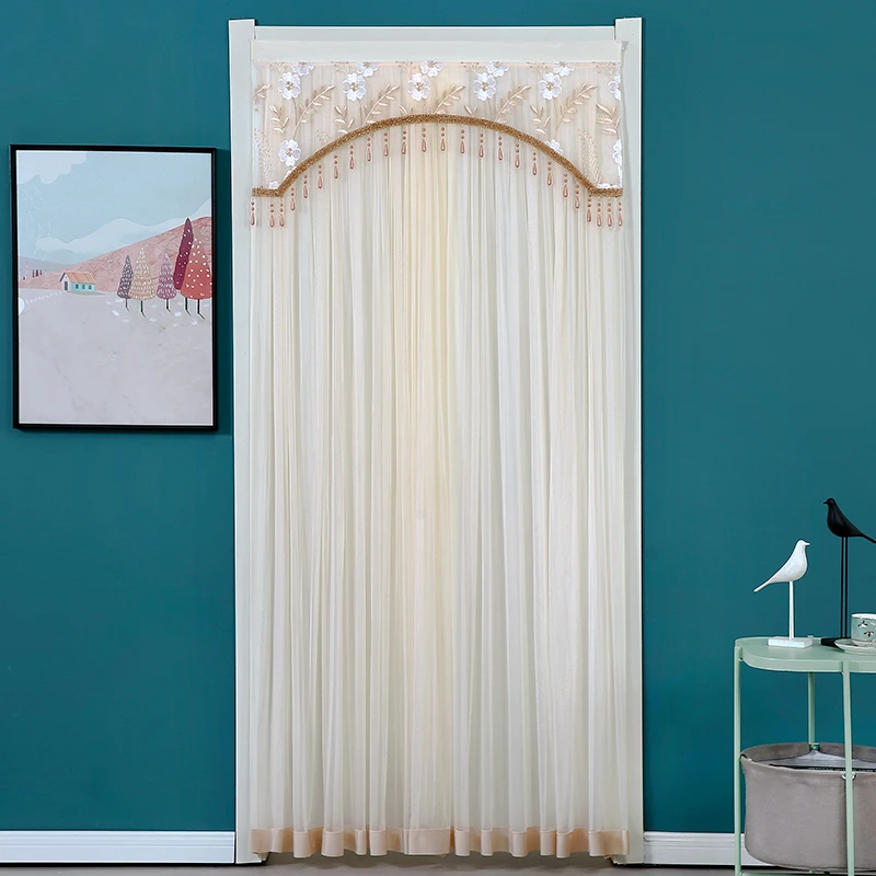 隐私门帘家用免打孔双层防蚊卧室隔断防走光纱帘对开挂帘蕾丝门帘