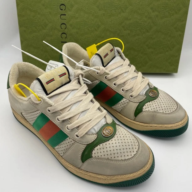 95新 GUCCI/古驰 40欧码/经典白绿色网眼休闲做旧脏脏鞋