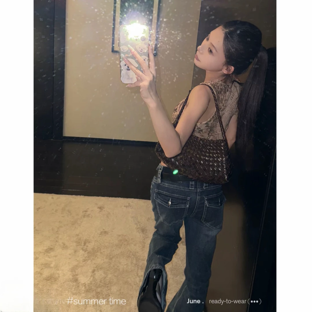 气质猫须磨白修身微喇牛仔裤女夏季美式休闲低腰裤子