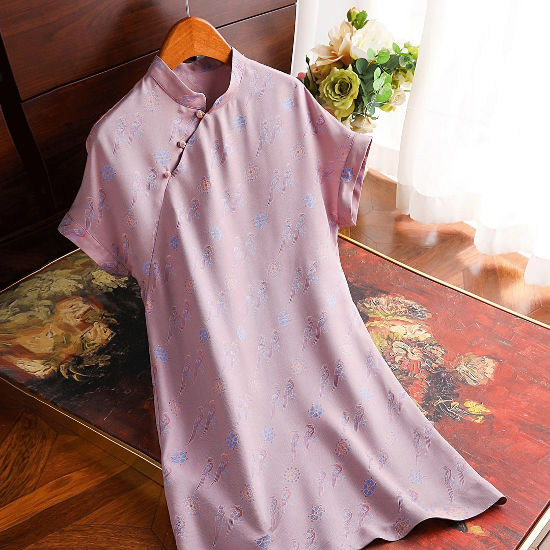 《翟鸟》100%桑蚕丝四经绞罗宋锦异色罗新中式连衣裙非遗国风旗袍