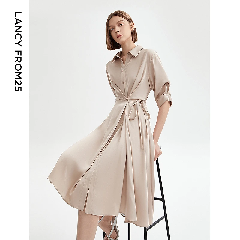 【晨粉专享价】朗姿复古设计感显瘦长裙衬衫裙polo连衣裙