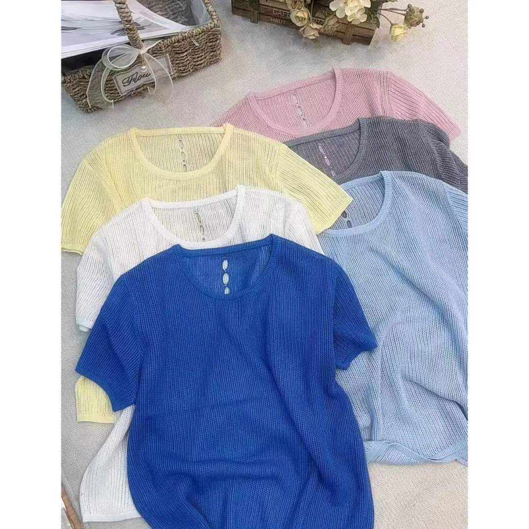 丽丽家~深蓝春夏宽松女士纯色圆领镂空上衣