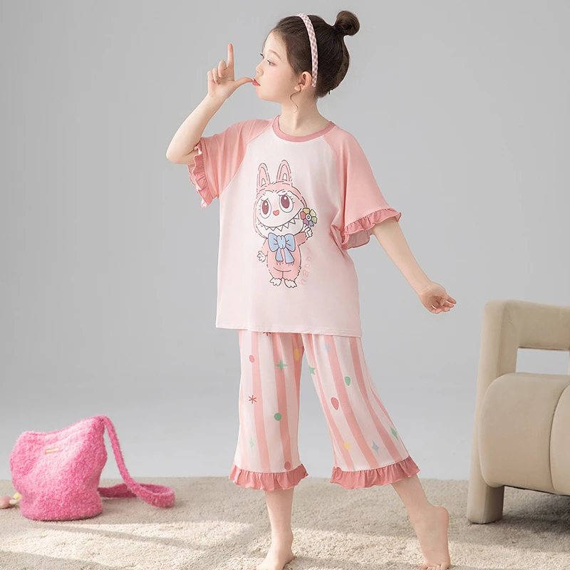 【莫代尔】夏季儿童睡衣女童套装七分裤短袖中大童可爱家居服34084