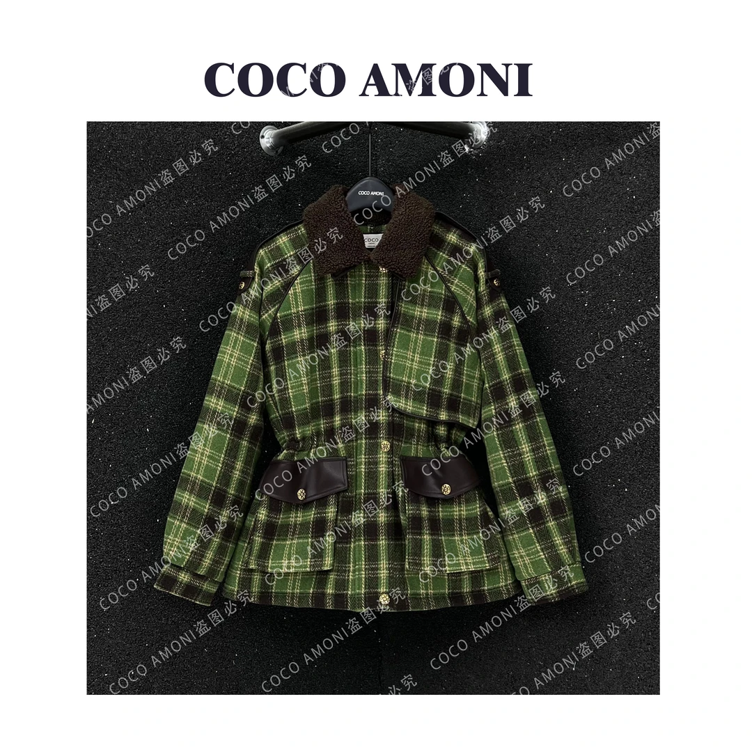 [曼姐]时尚休闲文艺范秋冬女装拼接拉绳收腰显瘦气质外套ZQ756