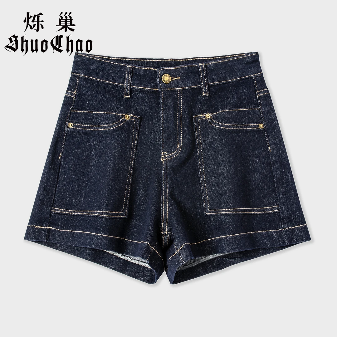 烁巢夏季休闲纯色薄款弹力显瘦休闲A字版型女士复古牛仔休闲短裤