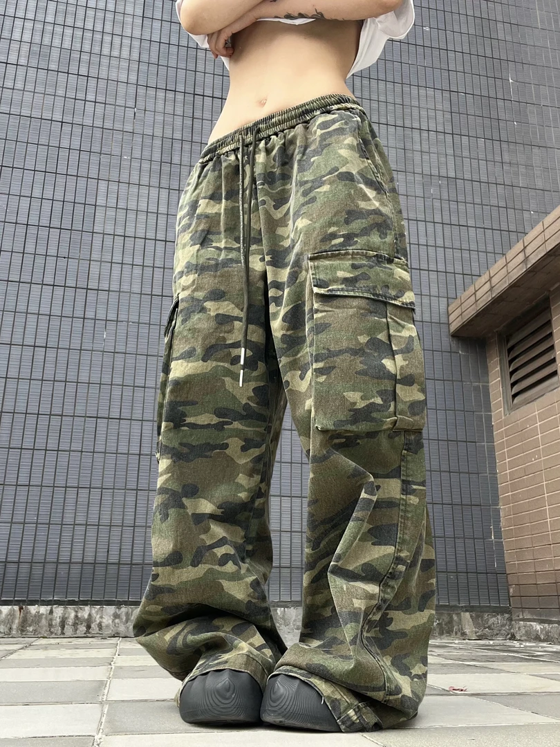 15GET 美式复古慵懒垂感大口袋抽绳迷彩工装裤松紧腰阔腿拖地长裤