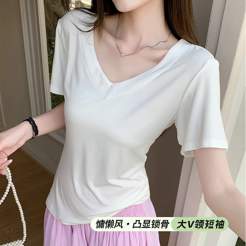 醉梓菡木代尔白色V领短袖t恤女夏季薄款2025新款宽松显瘦百搭上衣