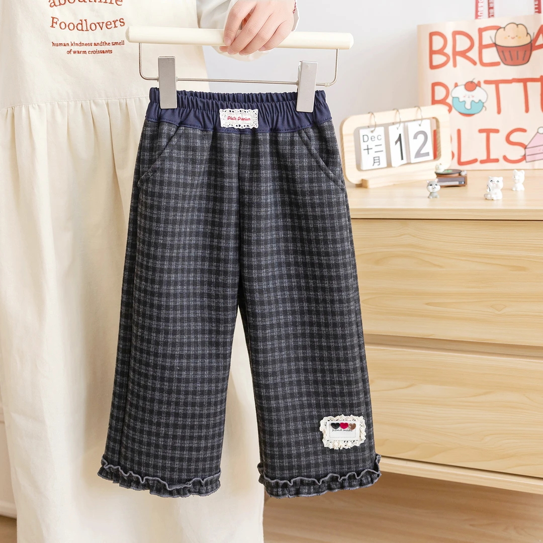 2025秋冬新款女童复古格纹花边深灰色裤子女宝韩版刺绣加绒直筒裤