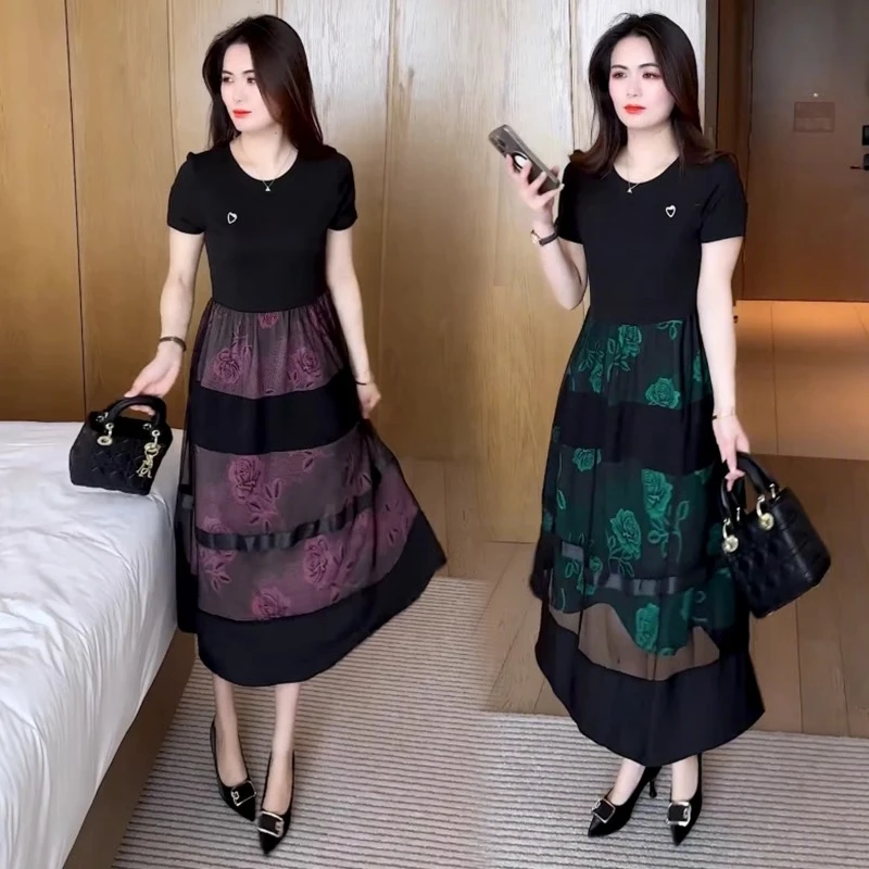 时尚碎花连衣裙女2025夏季新款洋气减龄宽松遮肉中长款网纱裙子潮