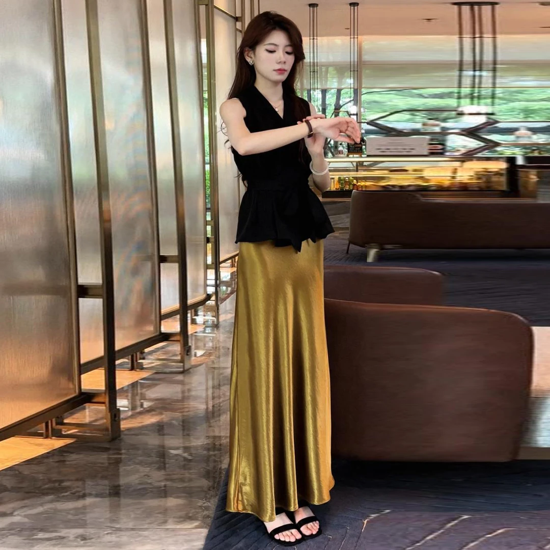 时尚套装裙女2025夏季新款气质V领绑带收腰无袖衬衫半身裙两件套