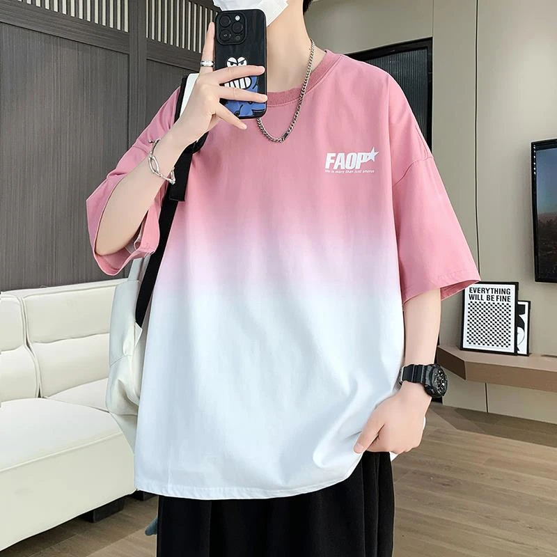 FAVMARTHA2025夏季新款渐变色短袖t恤男冰丝凉感半袖青少年潮流高