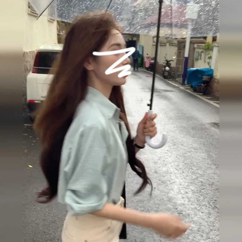 薄荷绿日系简约长袖衬衫女春季2025年新品高级感宽松休闲衬衣0793