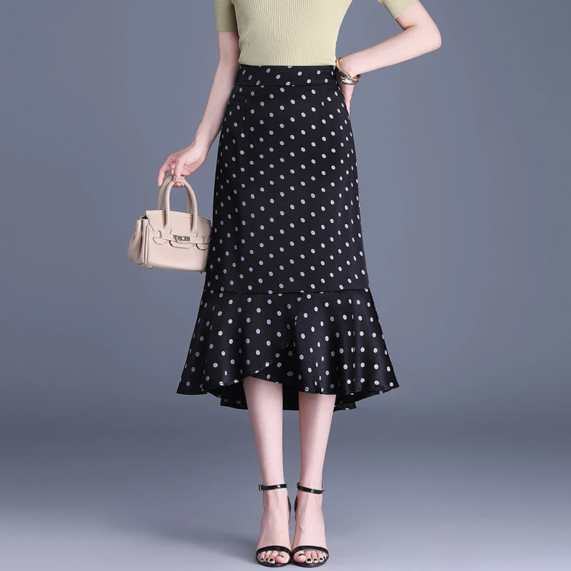 拉夏贝尔2025夏季新款轻薄飘逸波点鱼尾裙女中长款时尚气质包臀裙