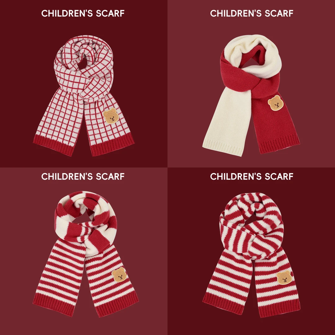 新店福利新年圣诞儿童围巾可爱小熊红色针织围巾秋冬季保暖百搭毛