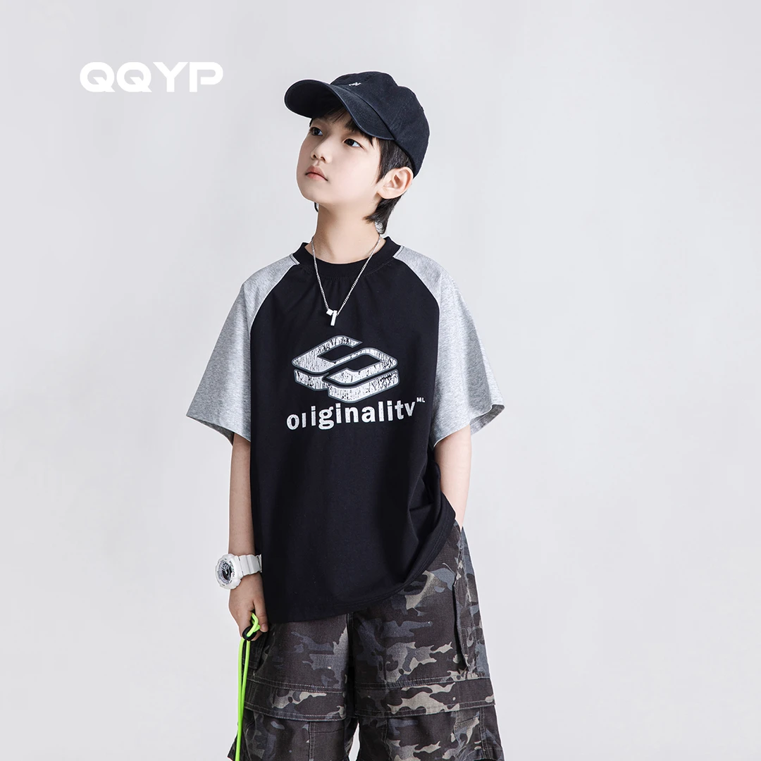 儿童短袖T恤2025夏季新款男童韩版撞色中大童插肩袖上衣