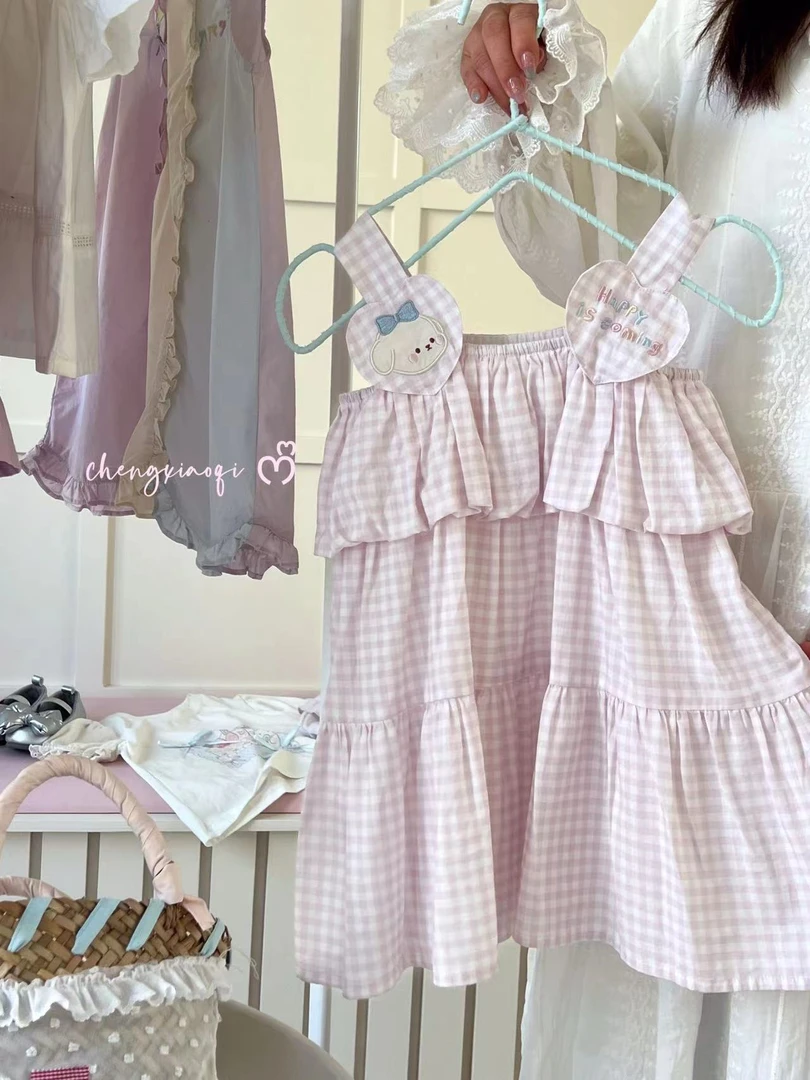 女童粉色卡通格子吊带连衣裙（CXQ-5285-夏A）-无